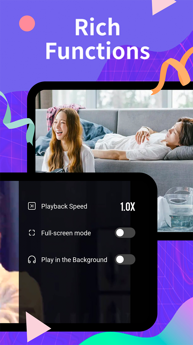 HiTV player settings with playback speed, full-screen mode, and background play