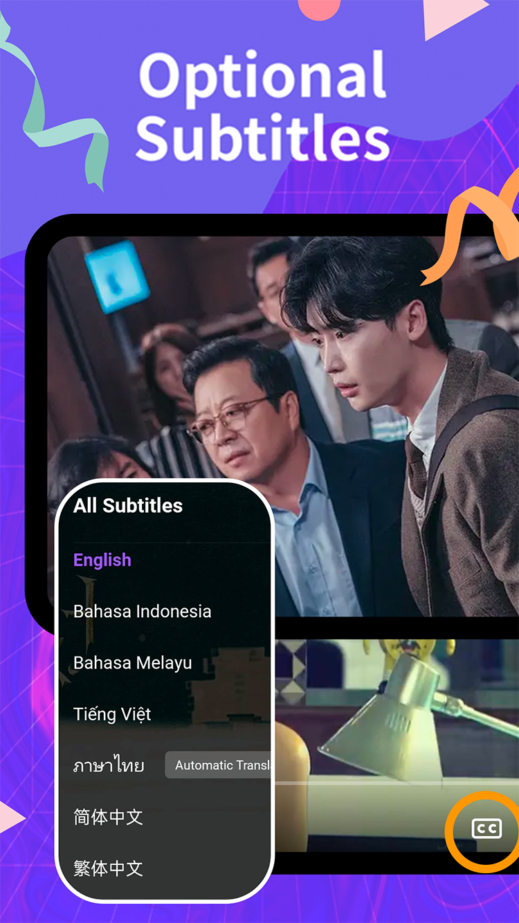 HiTV subtitle menu listing English, Indonesian, Malay, Vietnamese, Thai, and Chinese